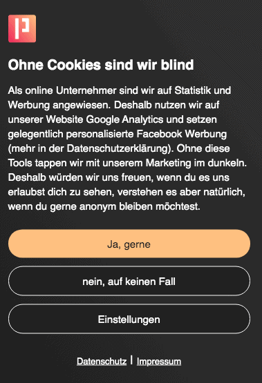 Cookie-Hinweis, der mit dem Cookie-Plugin Pixelmate erstellt wurde.